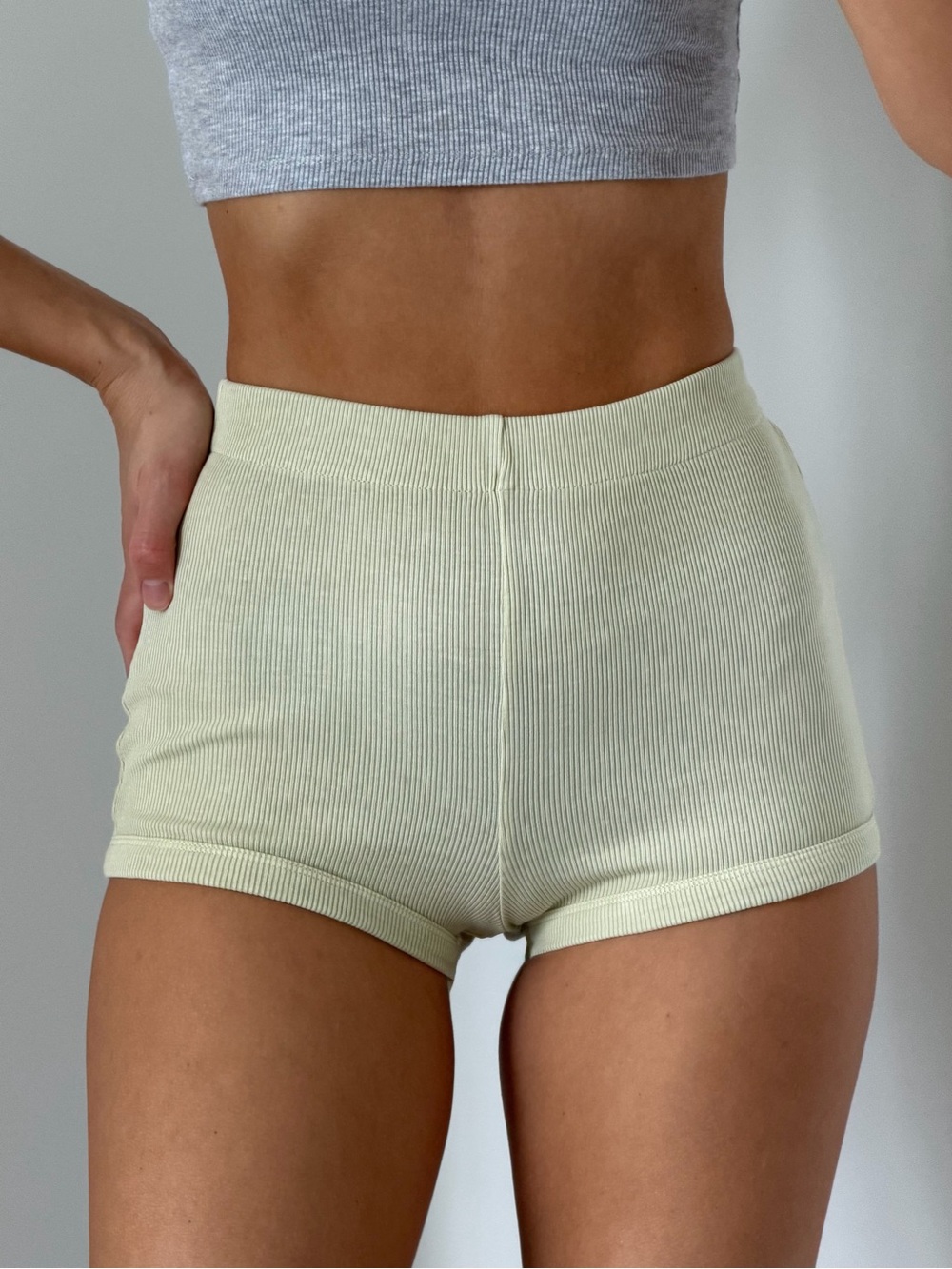 Zara Ribbed High-Waist Shorts in Light green
